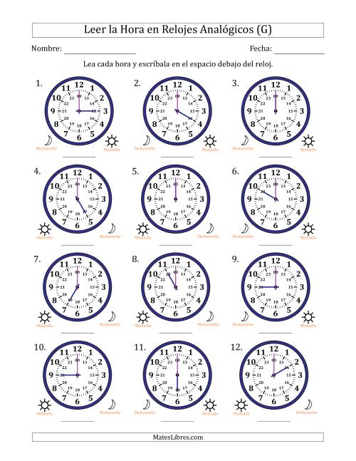 La hoja de ejercicios de Leer la Hora en Relojes Analógicos de 24 Horas en Intervalos de 1 Hora (12 Relojes) (G)