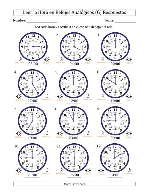 La hoja de ejercicios de Leer la Hora en Relojes Analógicos de 24 Horas en Intervalos de 1 Hora (12 Relojes) (G) Página 2
