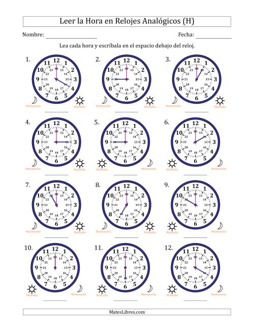 La hoja de ejercicios de Leer la Hora en Relojes Analógicos de 24 Horas en Intervalos de 1 Hora (12 Relojes) (H)