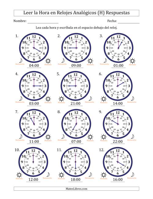 La hoja de ejercicios de Leer la Hora en Relojes Analógicos de 24 Horas en Intervalos de 1 Hora (12 Relojes) (H) Página 2