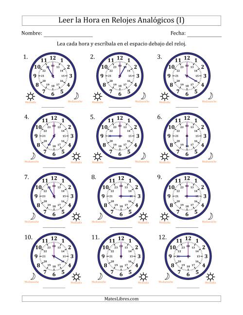 La hoja de ejercicios de Leer la Hora en Relojes Analógicos de 24 Horas en Intervalos de 1 Hora (12 Relojes) (I)