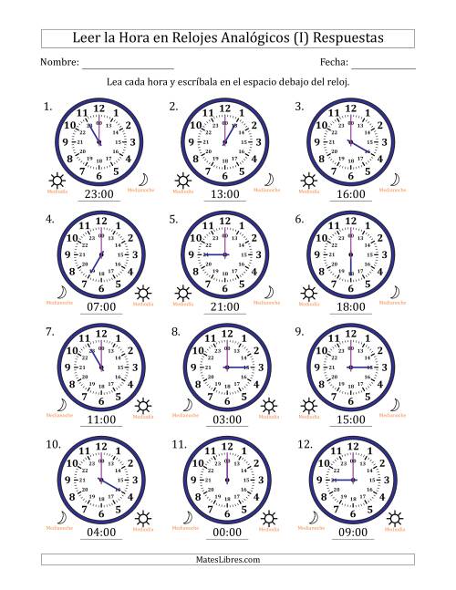 La hoja de ejercicios de Leer la Hora en Relojes Analógicos de 24 Horas en Intervalos de 1 Hora (12 Relojes) (I) Página 2
