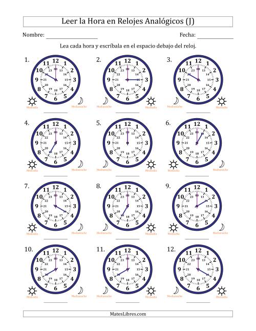 La hoja de ejercicios de Leer la Hora en Relojes Analógicos de 24 Horas en Intervalos de 1 Hora (12 Relojes) (J)