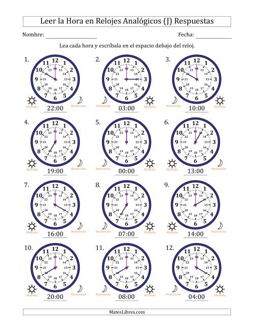 La hoja de ejercicios de Leer la Hora en Relojes Analógicos de 24 Horas en Intervalos de 1 Hora (12 Relojes) (J) Página 2