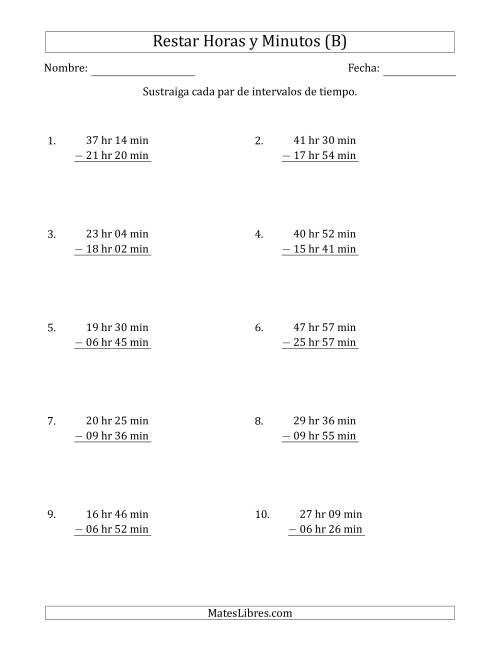 La hoja de ejercicios de Restar Intervalos de Tiempo en Horas y Minutos (Formato Largo) (B)