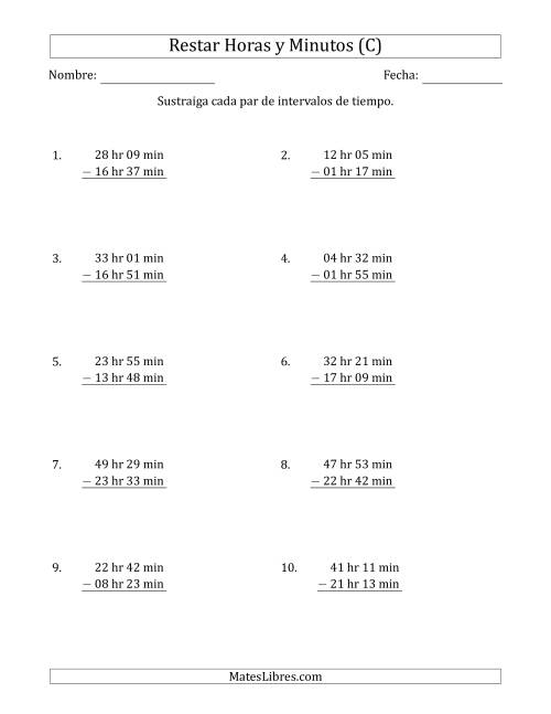 La hoja de ejercicios de Restar Intervalos de Tiempo en Horas y Minutos (Formato Largo) (C)