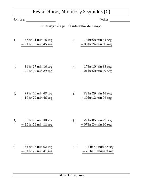 La hoja de ejercicios de Restar Intervalos de Tiempo en Horas, Minutos y Segundos (Formato Largo) (C)