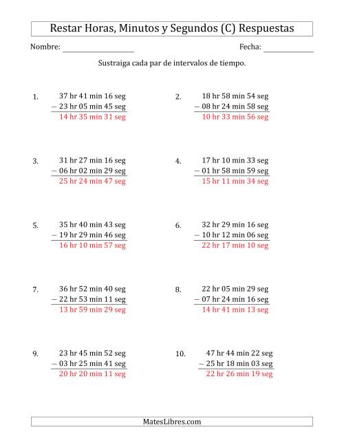 La hoja de ejercicios de Restar Intervalos de Tiempo en Horas, Minutos y Segundos (Formato Largo) (C) Página 2