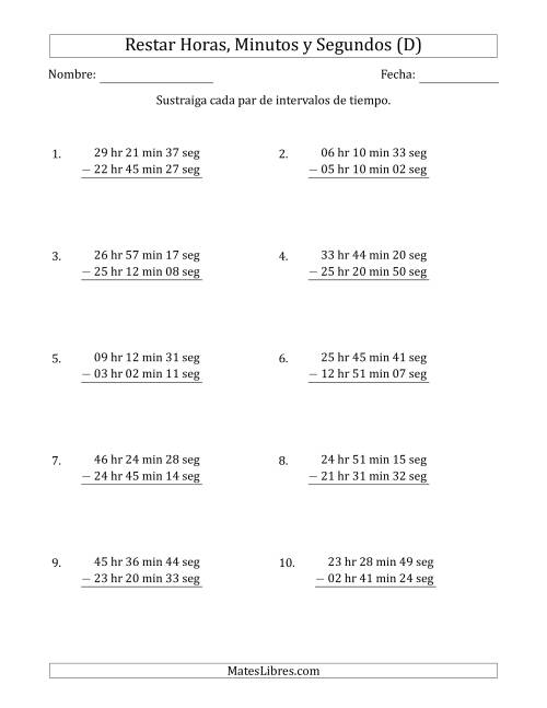 La hoja de ejercicios de Restar Intervalos de Tiempo en Horas, Minutos y Segundos (Formato Largo) (D)