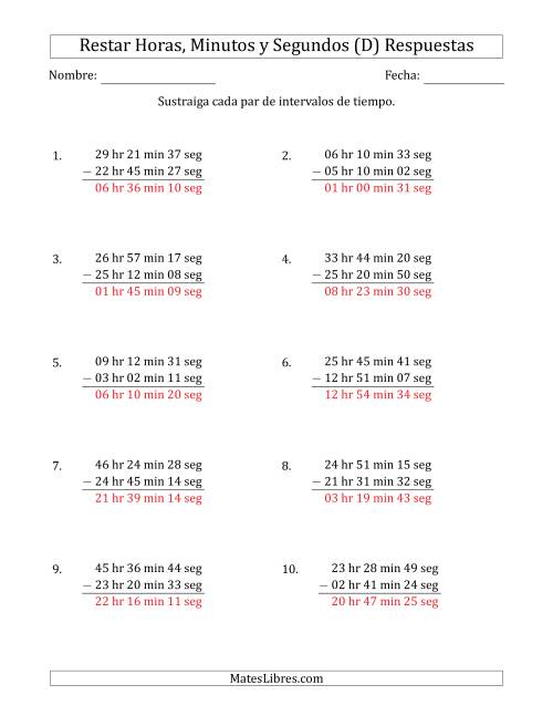 La hoja de ejercicios de Restar Intervalos de Tiempo en Horas, Minutos y Segundos (Formato Largo) (D) Página 2