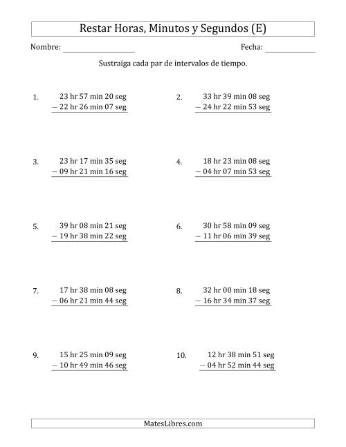 La hoja de ejercicios de Restar Intervalos de Tiempo en Horas, Minutos y Segundos (Formato Largo) (E)