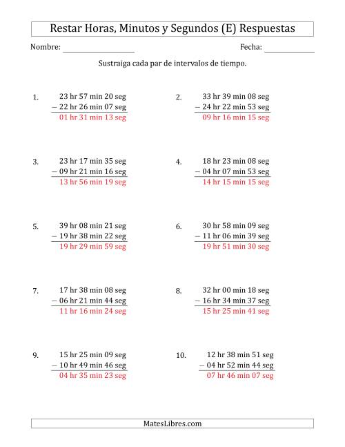 La hoja de ejercicios de Restar Intervalos de Tiempo en Horas, Minutos y Segundos (Formato Largo) (E) Página 2