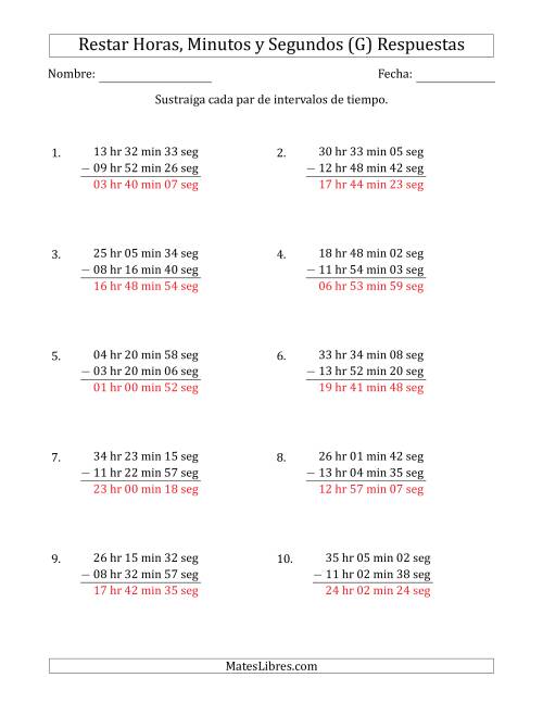 La hoja de ejercicios de Restar Intervalos de Tiempo en Horas, Minutos y Segundos (Formato Largo) (G) Página 2
