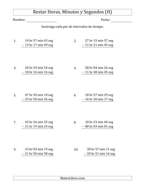 La hoja de ejercicios de Restar Intervalos de Tiempo en Horas, Minutos y Segundos (Formato Largo) (H)