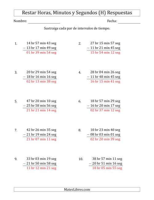 La hoja de ejercicios de Restar Intervalos de Tiempo en Horas, Minutos y Segundos (Formato Largo) (H) Página 2