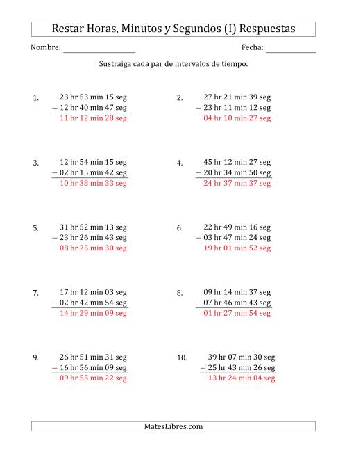 La hoja de ejercicios de Restar Intervalos de Tiempo en Horas, Minutos y Segundos (Formato Largo) (I) Página 2