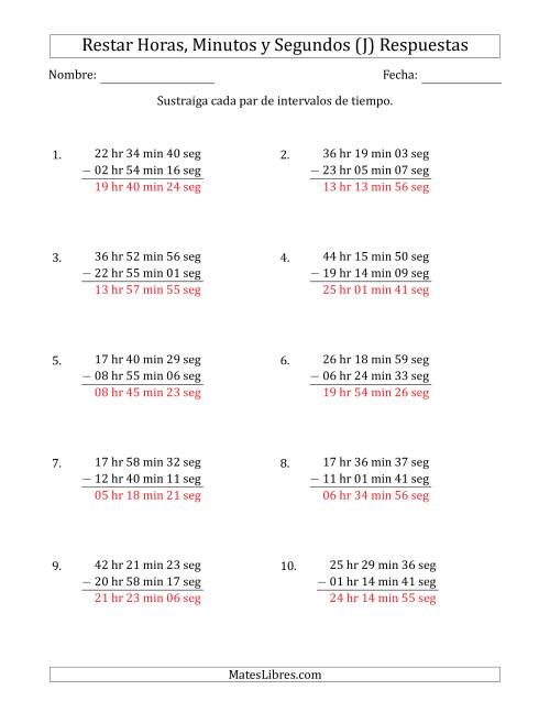 La hoja de ejercicios de Restar Intervalos de Tiempo en Horas, Minutos y Segundos (Formato Largo) (J) Página 2