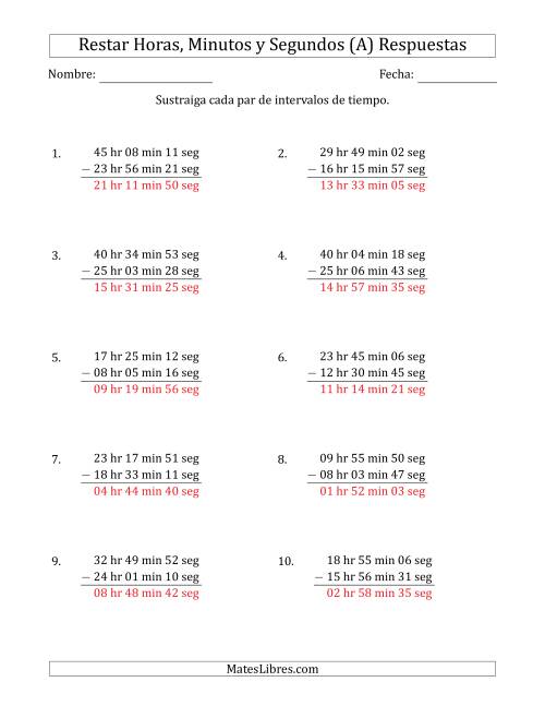 La hoja de ejercicios de Restar Intervalos de Tiempo en Horas, Minutos y Segundos (Formato Largo) (Todas) Página 2