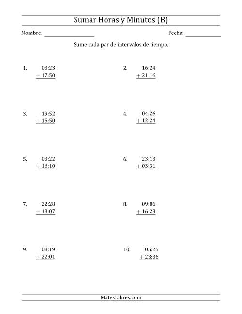 La hoja de ejercicios de Sumar Intervalos de Tiempo en Horas y Minutos (Formato Compacto) (B)