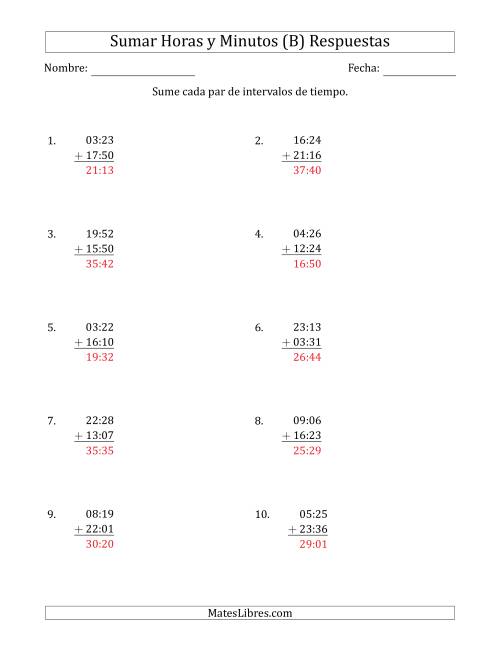 La hoja de ejercicios de Sumar Intervalos de Tiempo en Horas y Minutos (Formato Compacto) (B) Página 2
