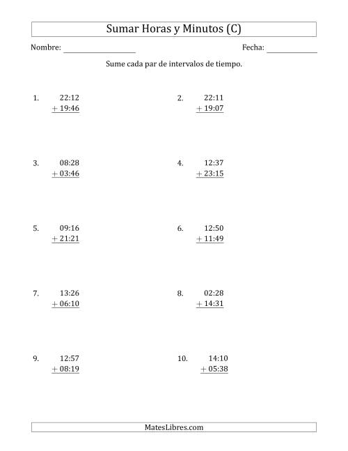 La hoja de ejercicios de Sumar Intervalos de Tiempo en Horas y Minutos (Formato Compacto) (C)