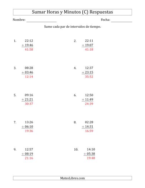 La hoja de ejercicios de Sumar Intervalos de Tiempo en Horas y Minutos (Formato Compacto) (C) Página 2