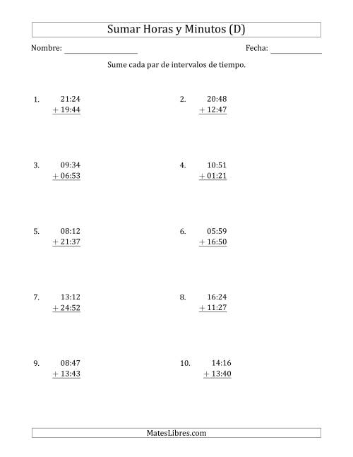 La hoja de ejercicios de Sumar Intervalos de Tiempo en Horas y Minutos (Formato Compacto) (D)