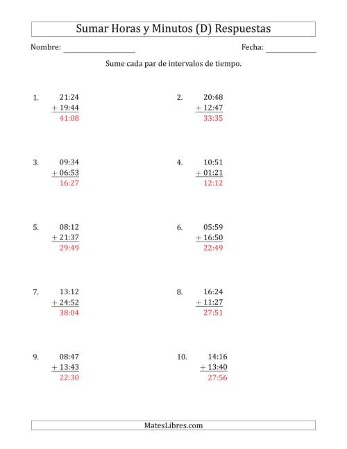 La hoja de ejercicios de Sumar Intervalos de Tiempo en Horas y Minutos (Formato Compacto) (D) Página 2