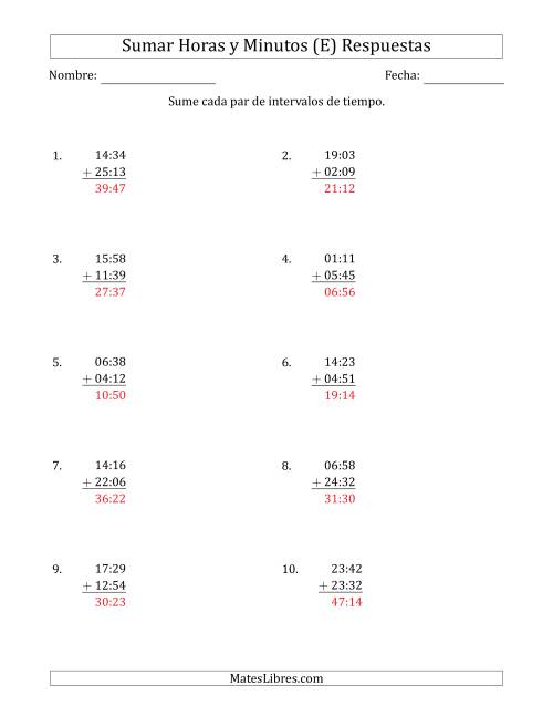 La hoja de ejercicios de Sumar Intervalos de Tiempo en Horas y Minutos (Formato Compacto) (E) Página 2