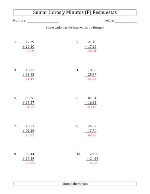 La hoja de ejercicios de Sumar Intervalos de Tiempo en Horas y Minutos (Formato Compacto) (F) Página 2
