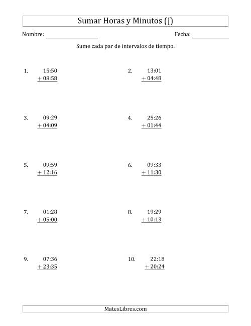 La hoja de ejercicios de Sumar Intervalos de Tiempo en Horas y Minutos (Formato Compacto) (J)