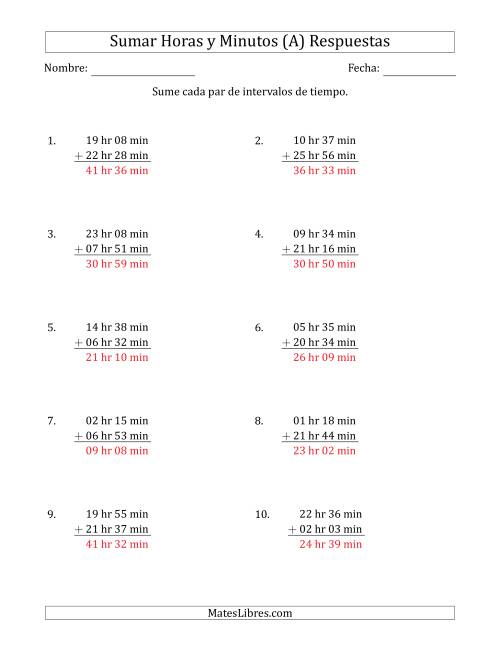 La hoja de ejercicios de Sumar Intervalos de Tiempo en Horas y Minutos (Formato Largo) (A) Página 2