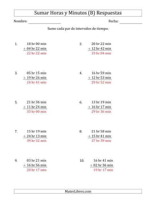La hoja de ejercicios de Sumar Intervalos de Tiempo en Horas y Minutos (Formato Largo) (B) Página 2