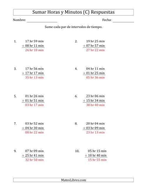 La hoja de ejercicios de Sumar Intervalos de Tiempo en Horas y Minutos (Formato Largo) (C) Página 2
