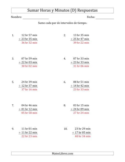 La hoja de ejercicios de Sumar Intervalos de Tiempo en Horas y Minutos (Formato Largo) (D) Página 2