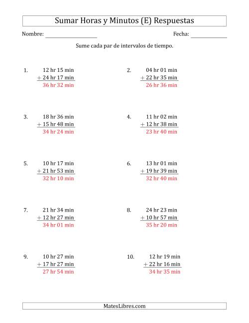La hoja de ejercicios de Sumar Intervalos de Tiempo en Horas y Minutos (Formato Largo) (E) Página 2