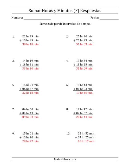 La hoja de ejercicios de Sumar Intervalos de Tiempo en Horas y Minutos (Formato Largo) (F) Página 2
