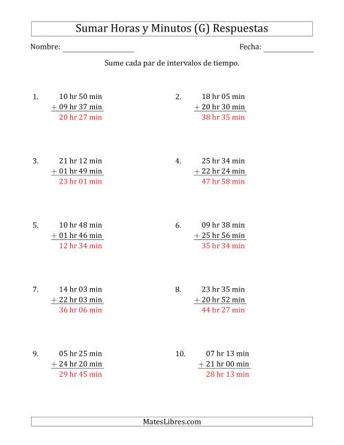 La hoja de ejercicios de Sumar Intervalos de Tiempo en Horas y Minutos (Formato Largo) (G) Página 2