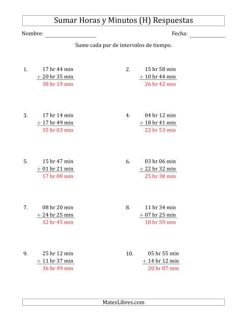 La hoja de ejercicios de Sumar Intervalos de Tiempo en Horas y Minutos (Formato Largo) (H) Página 2