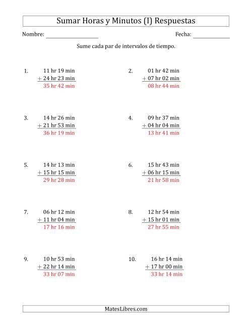 La hoja de ejercicios de Sumar Intervalos de Tiempo en Horas y Minutos (Formato Largo) (I) Página 2