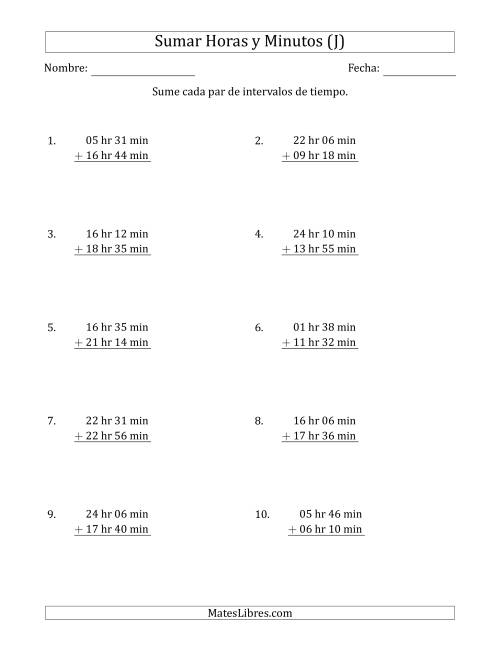 La hoja de ejercicios de Sumar Intervalos de Tiempo en Horas y Minutos (Formato Largo) (J)