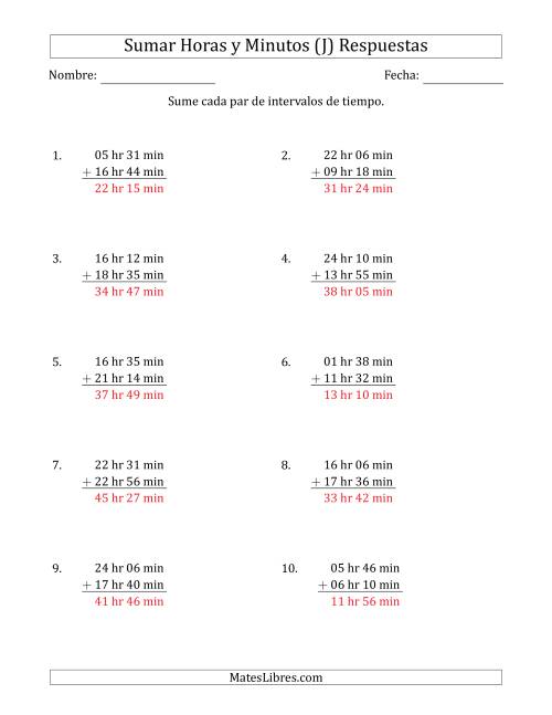 La hoja de ejercicios de Sumar Intervalos de Tiempo en Horas y Minutos (Formato Largo) (J) Página 2