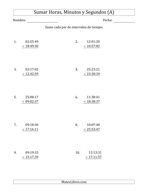 La hoja de ejercicios de Sumar Intervalos de Tiempo en Horas, Minutos y Segundos (Formato Compacto) (A)