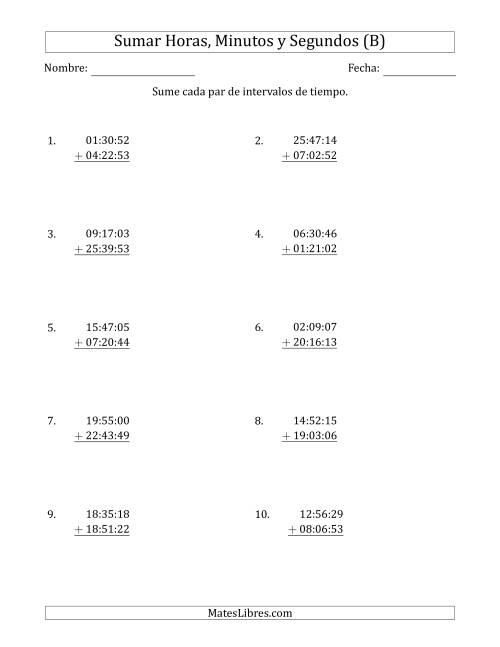 La hoja de ejercicios de Sumar Intervalos de Tiempo en Horas, Minutos y Segundos (Formato Compacto) (B)
