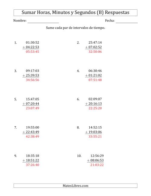 La hoja de ejercicios de Sumar Intervalos de Tiempo en Horas, Minutos y Segundos (Formato Compacto) (B) Página 2