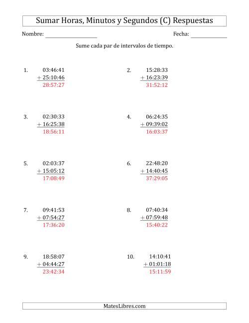 La hoja de ejercicios de Sumar Intervalos de Tiempo en Horas, Minutos y Segundos (Formato Compacto) (C) Página 2