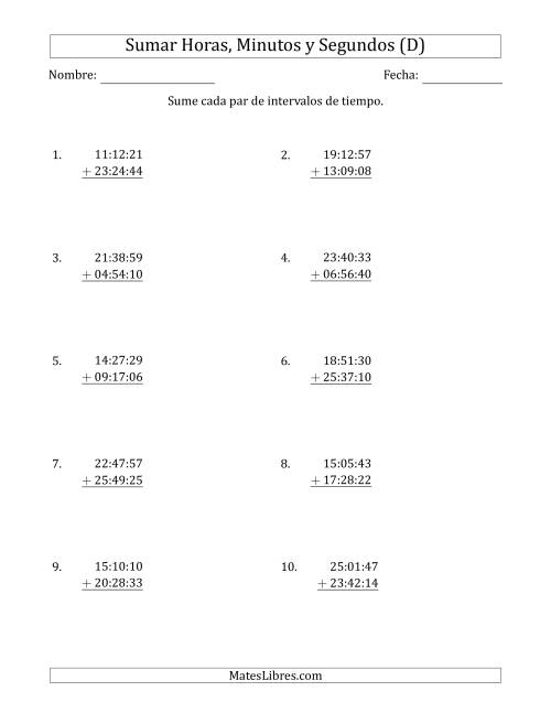 La hoja de ejercicios de Sumar Intervalos de Tiempo en Horas, Minutos y Segundos (Formato Compacto) (D)