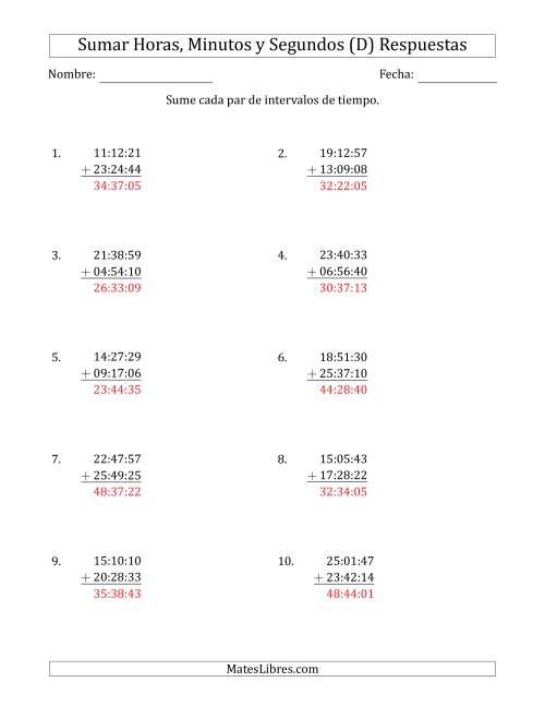 La hoja de ejercicios de Sumar Intervalos de Tiempo en Horas, Minutos y Segundos (Formato Compacto) (D) Página 2