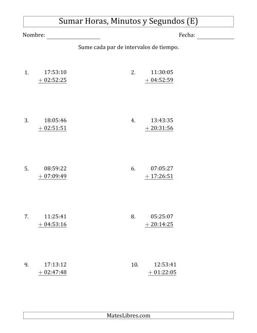 La hoja de ejercicios de Sumar Intervalos de Tiempo en Horas, Minutos y Segundos (Formato Compacto) (E)