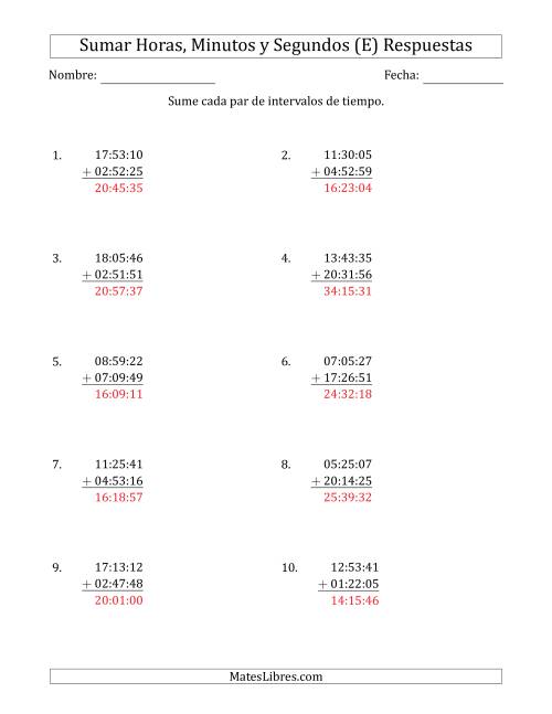 La hoja de ejercicios de Sumar Intervalos de Tiempo en Horas, Minutos y Segundos (Formato Compacto) (E) Página 2